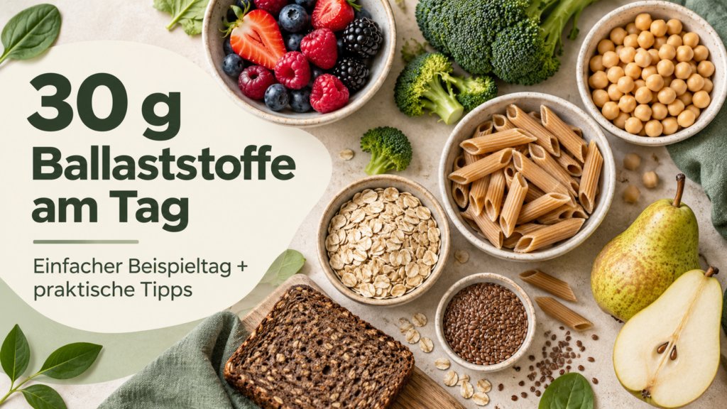 30 g Ballaststoffe am Tag – ballaststoffreiche Lebensmittel mit Beeren, Brokkoli, Kichererbsen, Vollkornnudeln, Haferflocken und Birne